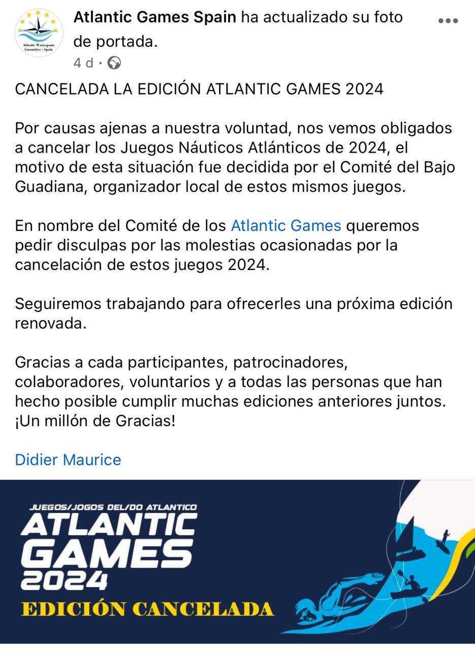 Imagen del anuncio en redes sociales de la suspensión de los Juegos Náuticos Atlánticos 2024.
