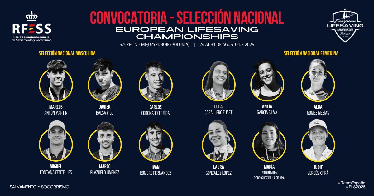Composición de la convocatoria provisional de la Selección nacional absoluta para el Campeonato de Europa por Naciones de Salvamento y Socorrismo 2025 que se celebra en Polonia./ RFESS